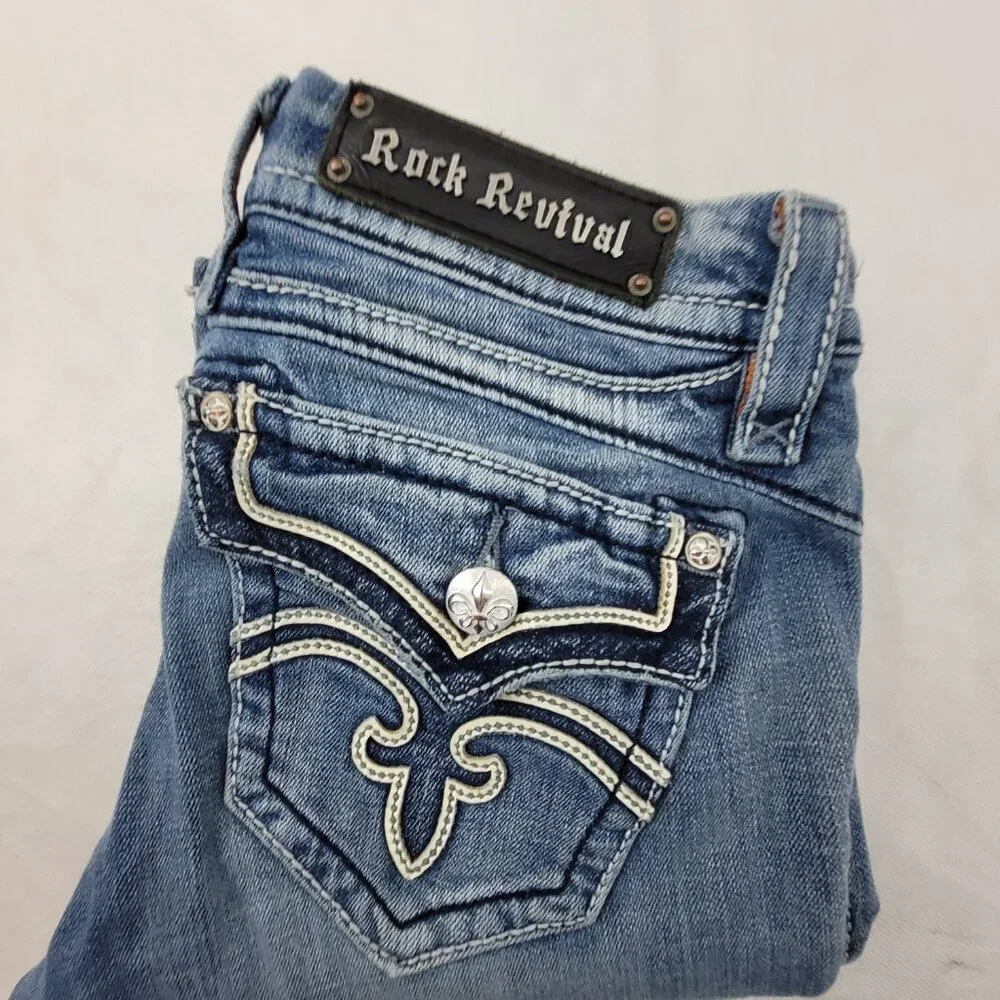 Rock Revival Jeans Women's 29 Blue Anja Boot 30x34.25" Stretch Worn Hems - Picture 16 of 16